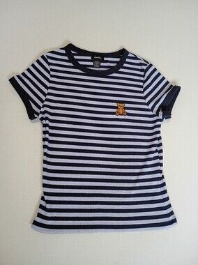 Justify Striped Tee with Bear Embroidery (White Seems To Be Light Blue) Sz L